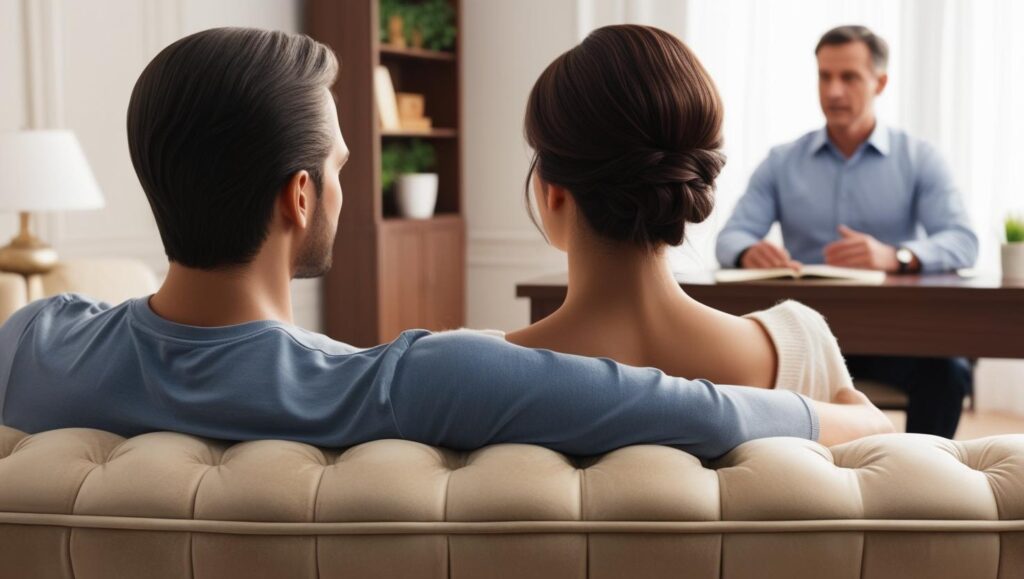 rendering of 2 people talking to a therapist
